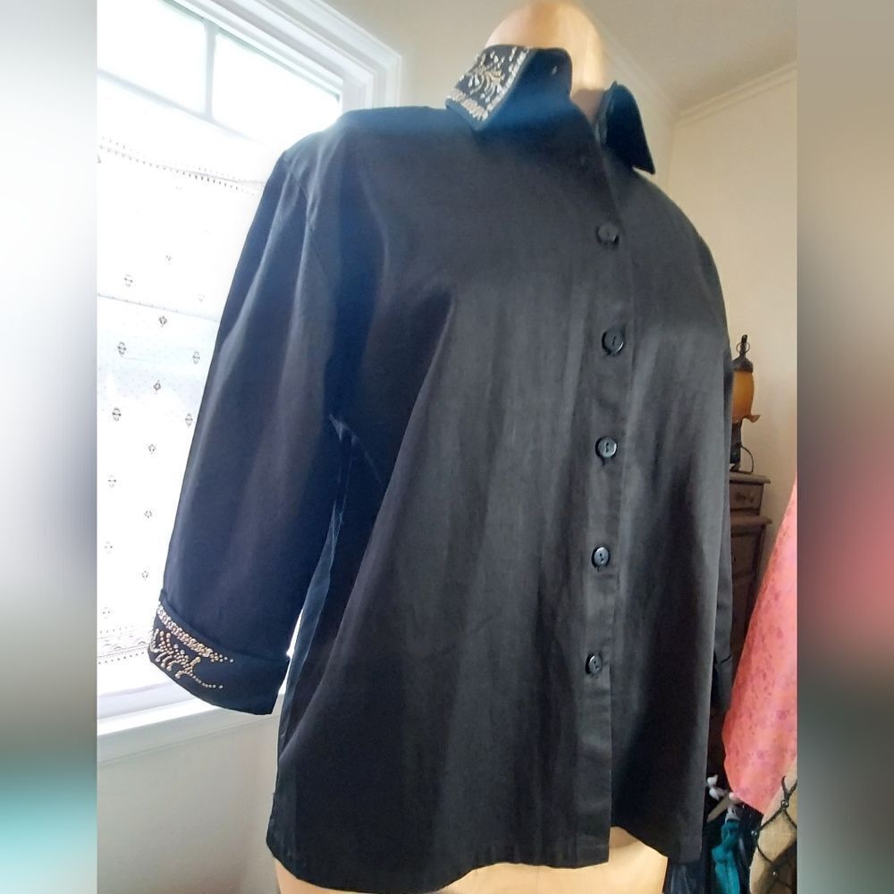 Christine Alexander Black Studded Rhinestone Shirt Size S Women